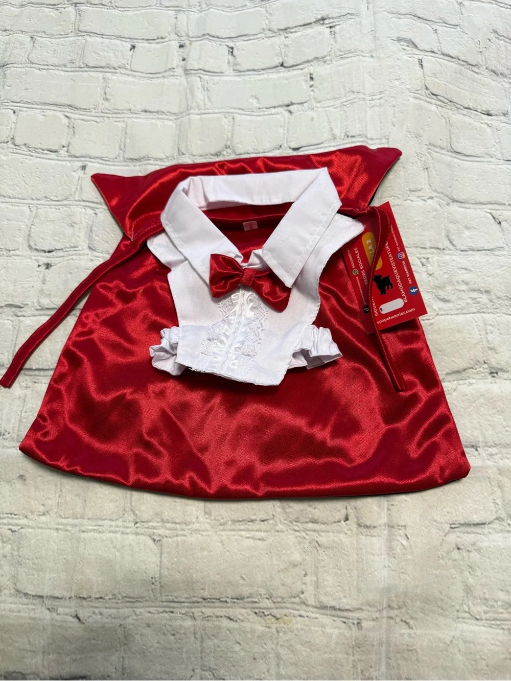Pet Warrior Dog Satin Red Cape with White Collar & Bow Custome. Halloween costum